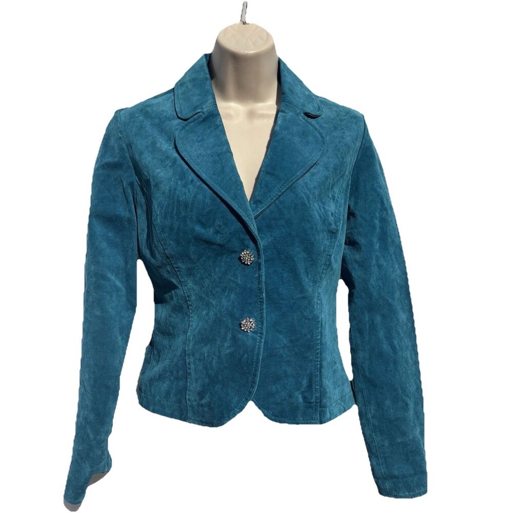 VTG Live A Little Turquoise Teal Womens Suede Leather Jacket Sz PP  Blazer Coat
